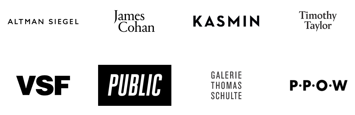 Logos of seven contemporary art galleries displayed in various black typefaces on white.