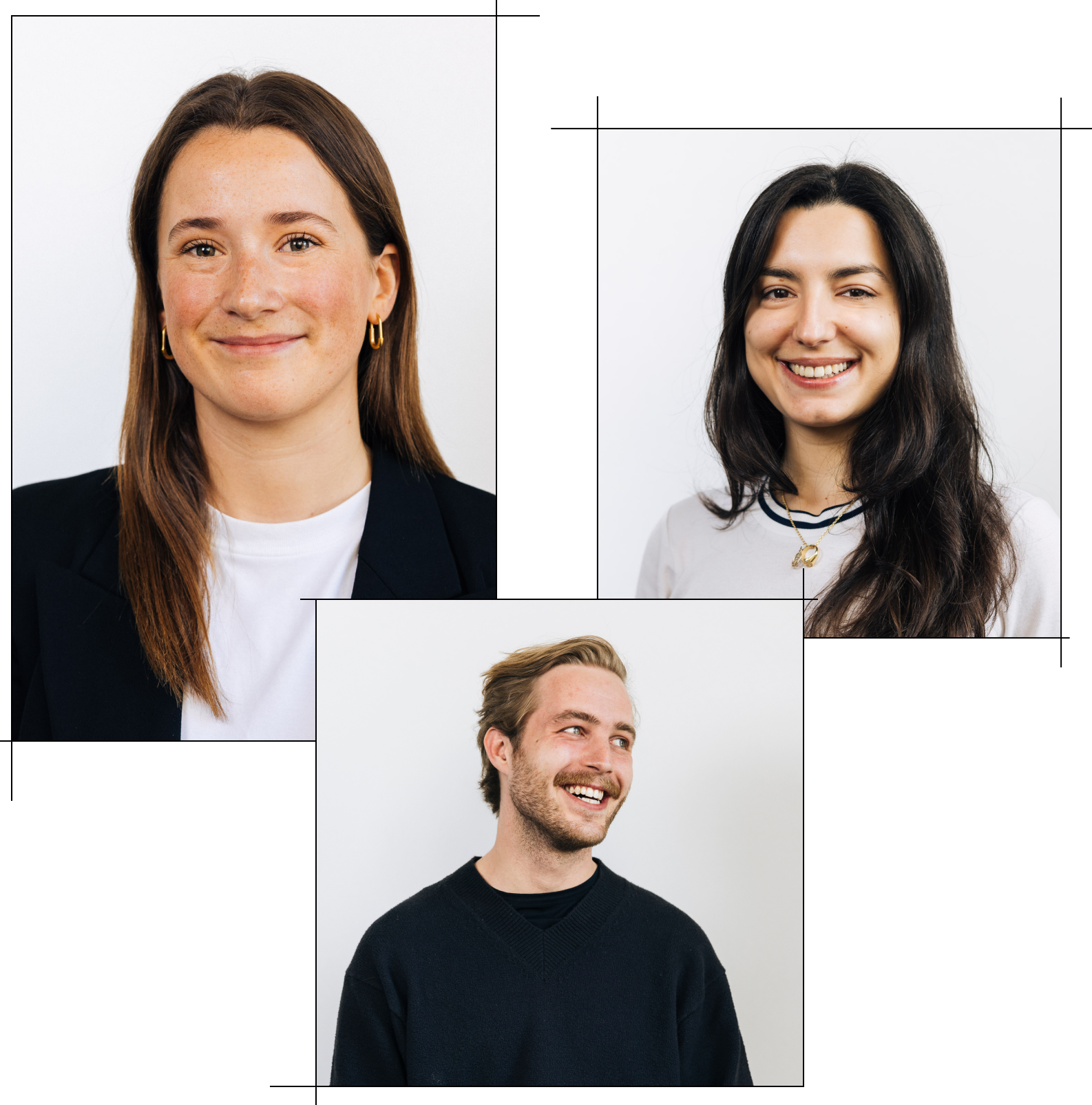 Three smiling young professionals in casual business attire against plain white backgrounds.